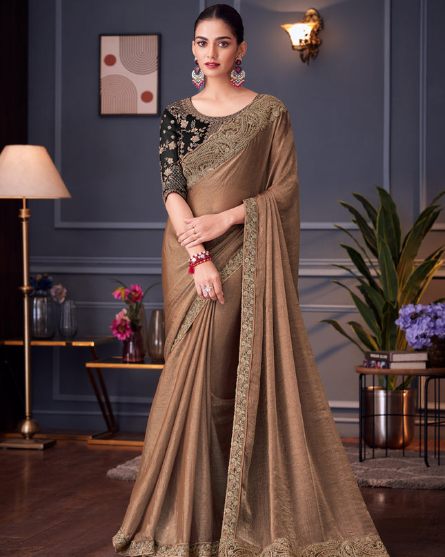 Mesmerizing Taupe Double Tone Silk Embroidered Wedding Saree
