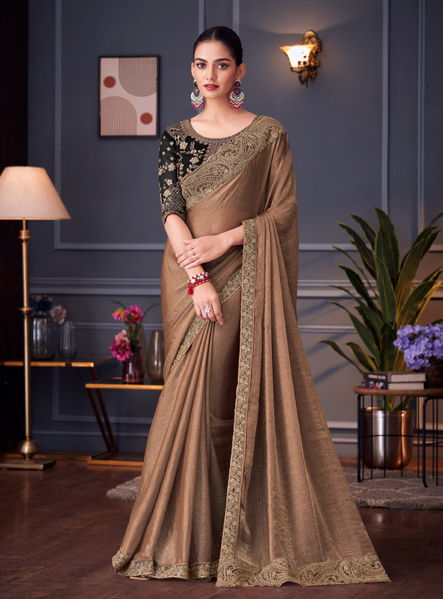 Mesmerizing Taupe Double Tone Silk Embroidered Wedding Saree