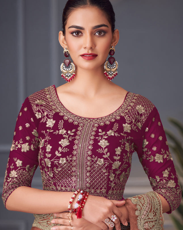 Fascinating Rose Gold Double Tone Silk Embroidered Wedding Saree