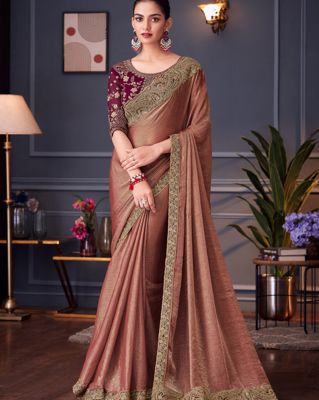 Fascinating Rose Gold Double Tone Silk Embroidered Wedding Saree