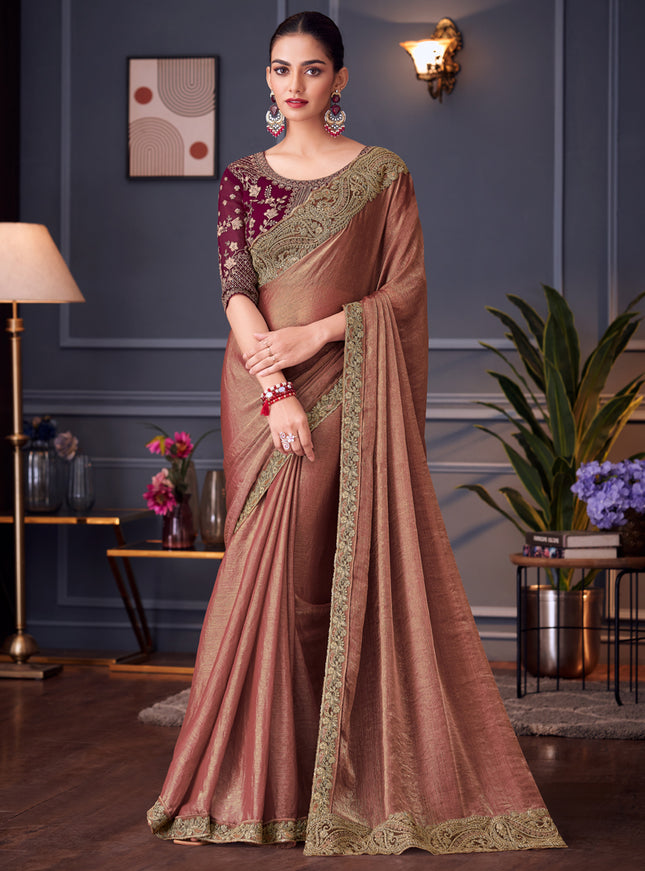 Fascinating Rose Gold Double Tone Silk Embroidered Wedding Saree