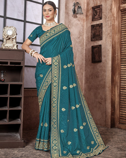 Teal Blue Art Silk Designer Saree