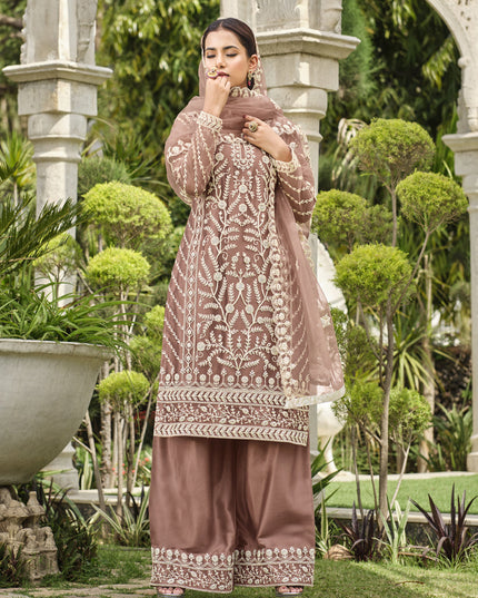 Copper Brown Pure Butterfly Net Palazzo Suit