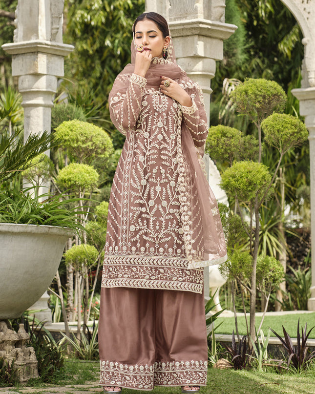 Copper Brown Pure Butterfly Net Palazzo Suit