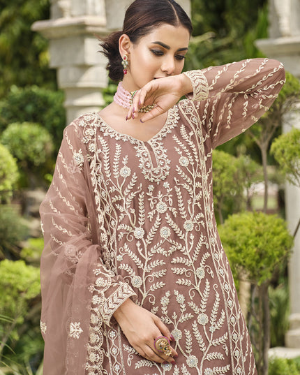 Copper Brown Pure Butterfly Net Palazzo Suit
