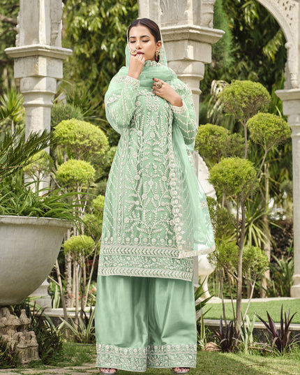 Mint Green Pure Butterfly Net Palazzo Suit