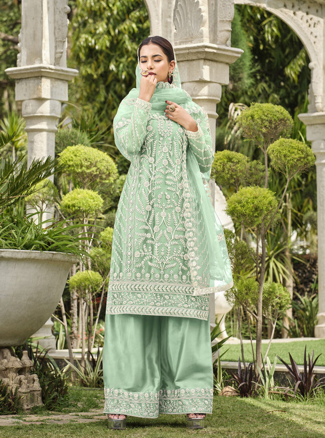 Mint Green Pure Butterfly Net Palazzo Suit