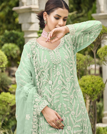 Mint Green Pure Butterfly Net Palazzo Suit