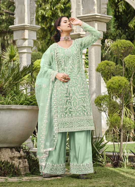 Mint Green Pure Butterfly Net Palazzo Suit