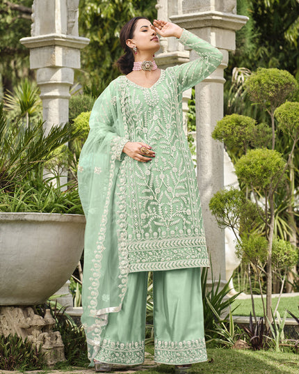 Mint Green Pure Butterfly Net Palazzo Suit