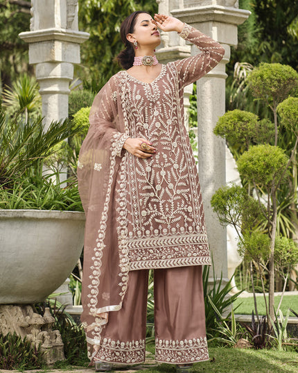 Copper Brown Pure Butterfly Net Palazzo Suit