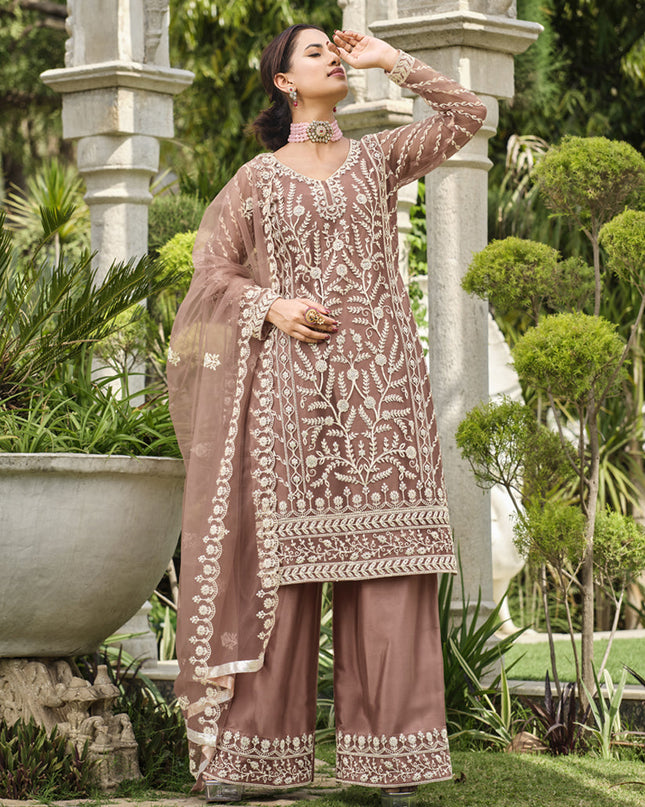 Copper Brown Pure Butterfly Net Palazzo Suit