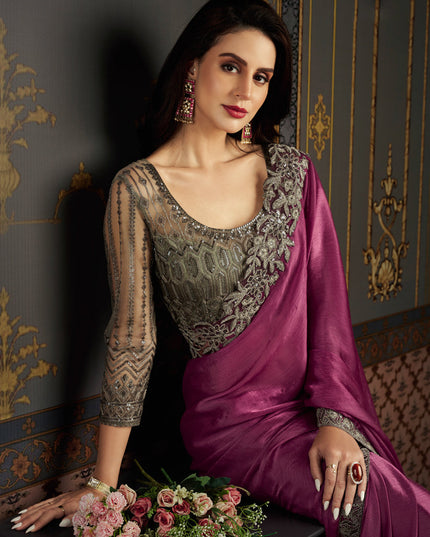 Wine Satin Silk Chiffon Saree with Embroidered Blouse