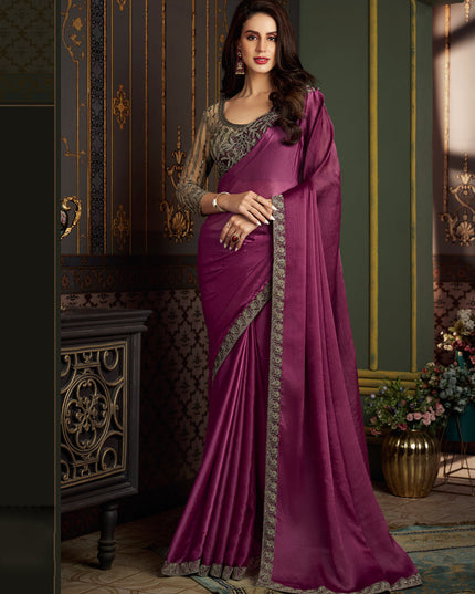 Wine Satin Silk Chiffon Saree with Embroidered Blouse