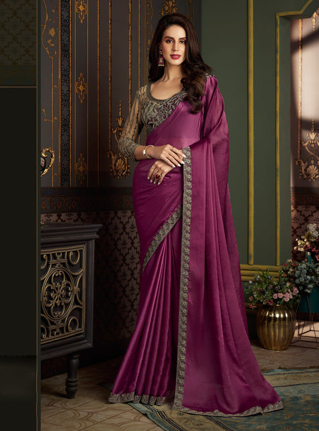 Wine Satin Silk Chiffon Saree with Embroidered Blouse