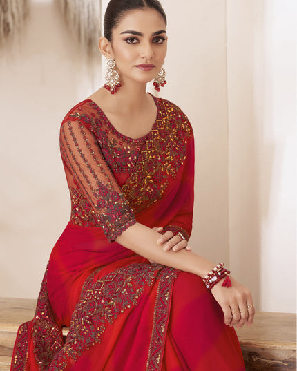 Hot Red Embroidered Saree with Designer Blouse
