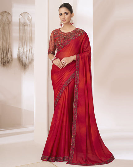 Hot Red Embroidered Saree with Designer Blouse