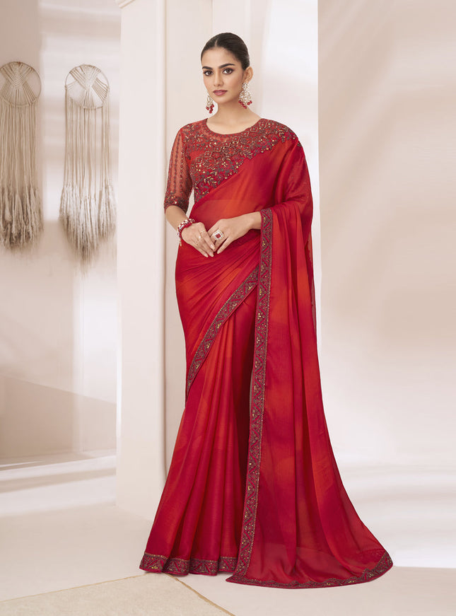 Hot Red Embroidered Saree with Designer Blouse
