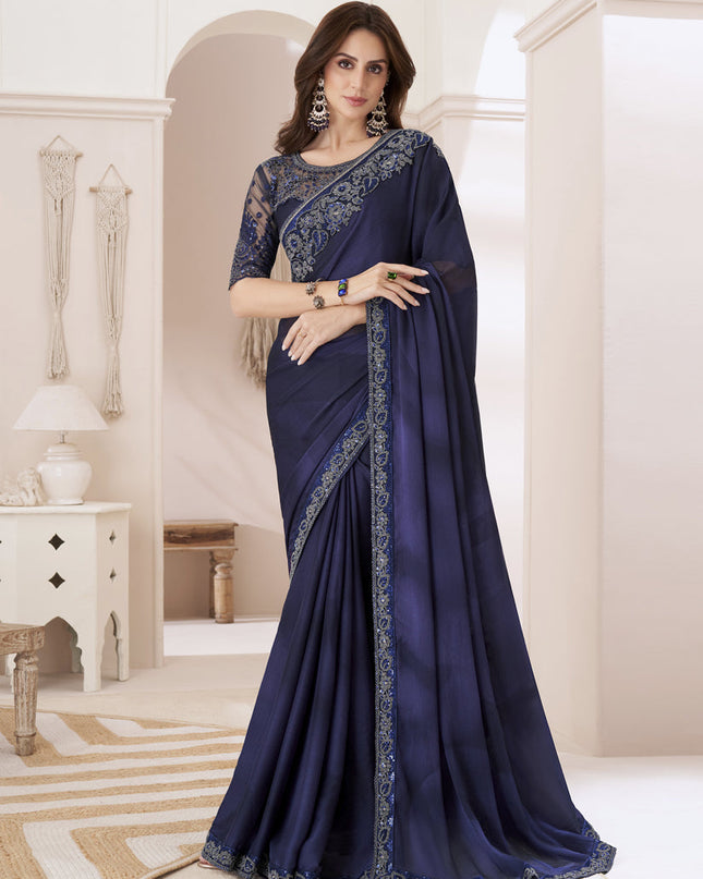 Midnight Blue Embroidered Saree with Designer Blouse