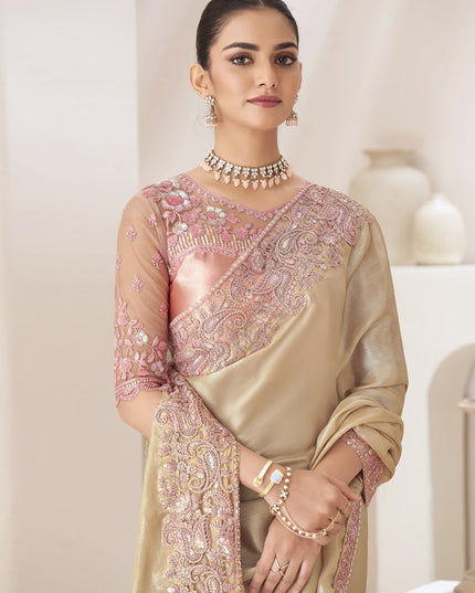 Cream Embroidered Saree with Designer Blouse