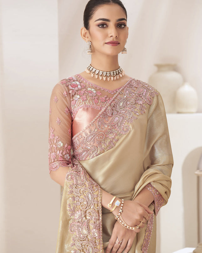 Cream Embroidered Saree with Designer Blouse
