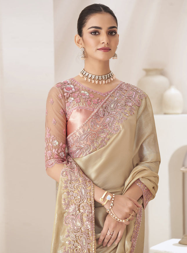 Cream Embroidered Saree with Designer Blouse