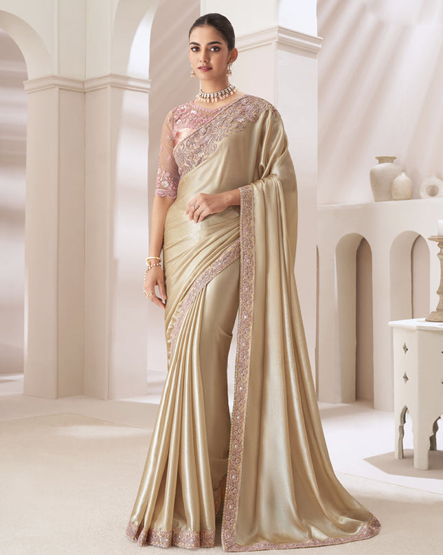 Cream Embroidered Saree with Designer Blouse