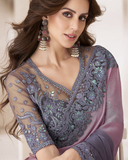 Dusty Pink and Slate Grey Embroidered Saree with Designer Blouse