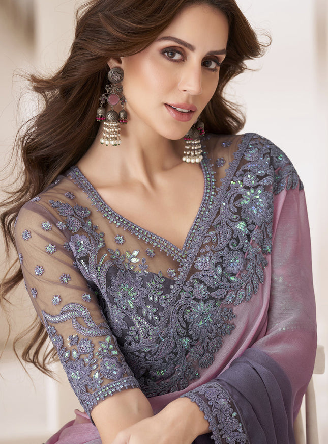 Dusty Pink and Slate Grey Embroidered Saree with Designer Blouse