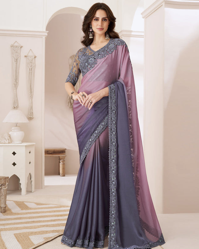 Dusty Pink and Slate Grey Embroidered Saree with Designer Blouse