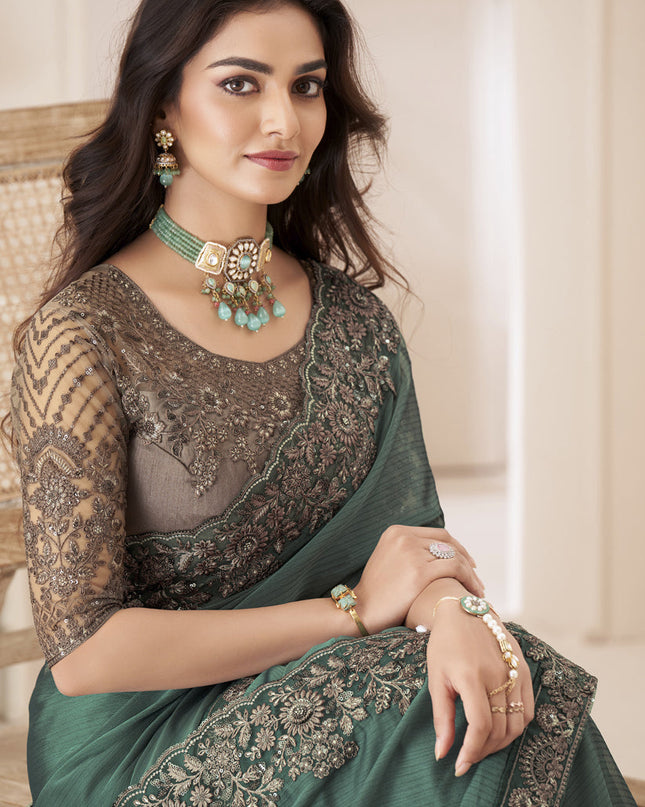Pine Green Embroidered Saree with Designer Blouse