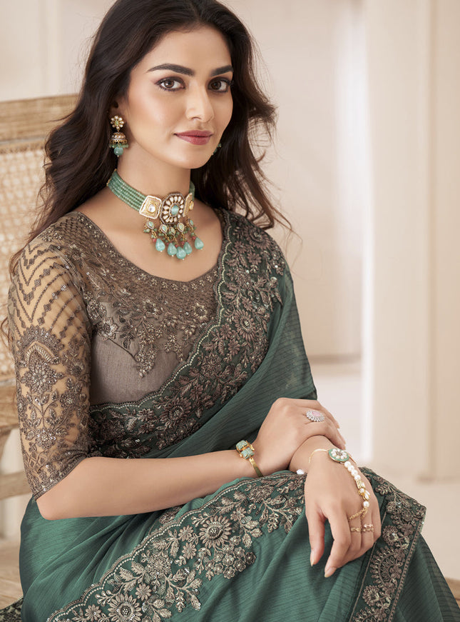Pine Green Embroidered Saree with Designer Blouse