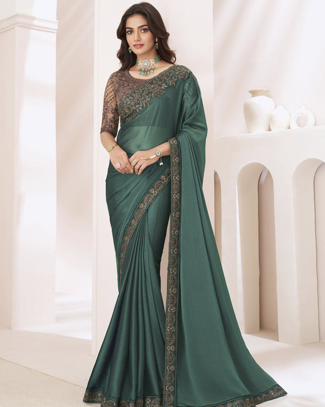 Pine Green Embroidered Saree with Designer Blouse