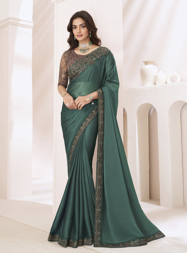 Pine Green Embroidered Saree with Designer Blouse