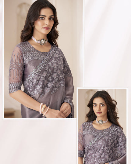 Dusty Grey Embroidered Saree with Designer Blouse