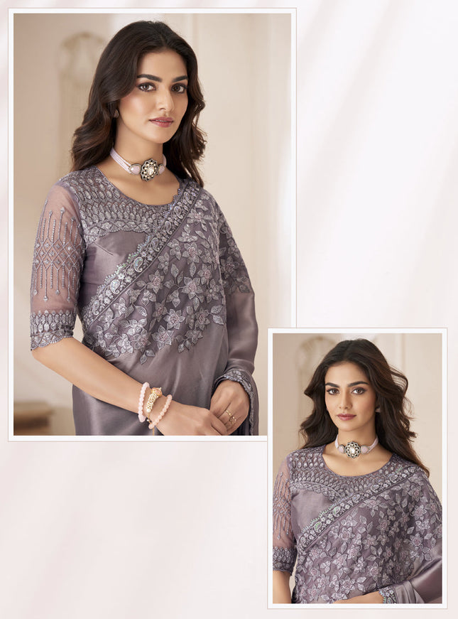 Dusty Grey Embroidered Saree with Designer Blouse