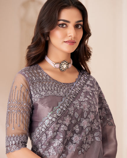 Magnetic Dusty Grey Satin Silk Embroidered Wedding Saree