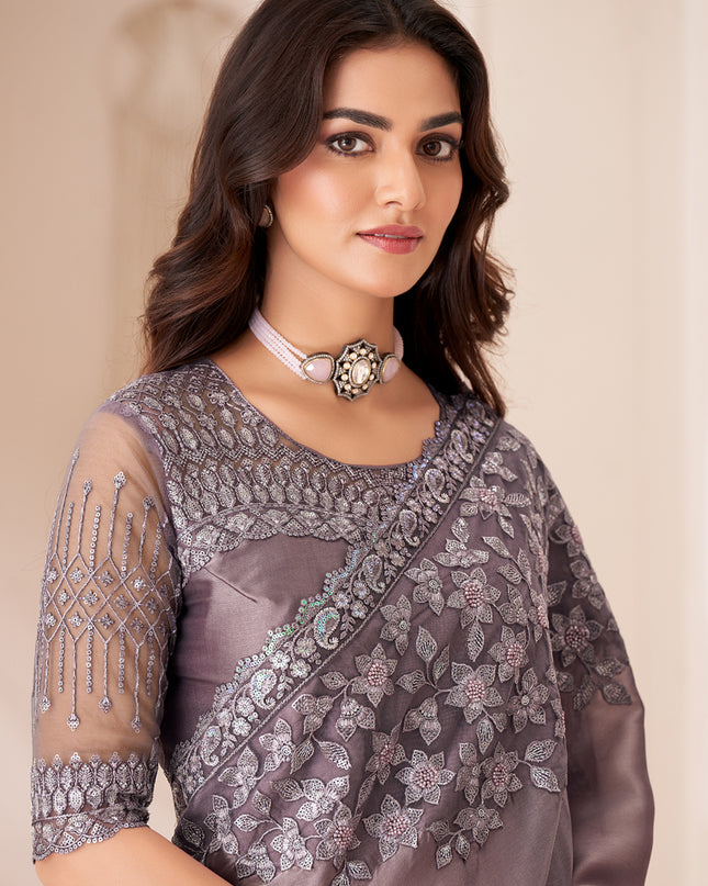 Magnetic Dusty Grey Satin Silk Embroidered Wedding Saree