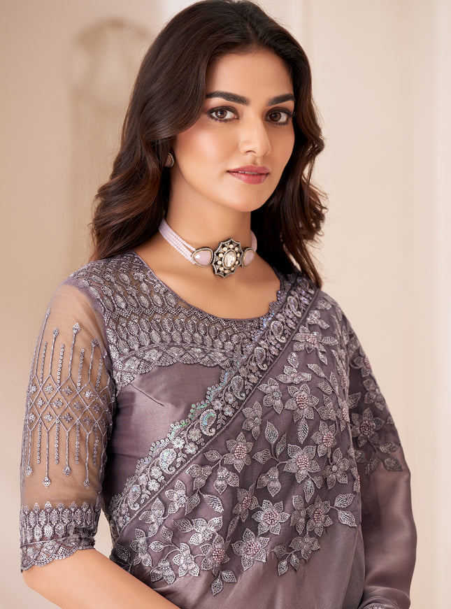 Magnetic Dusty Grey Satin Silk Embroidered Wedding Saree