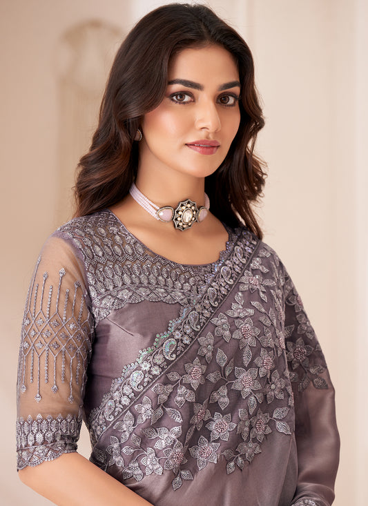 Magnetic Dusty Grey Satin Silk Embroidered Wedding Saree