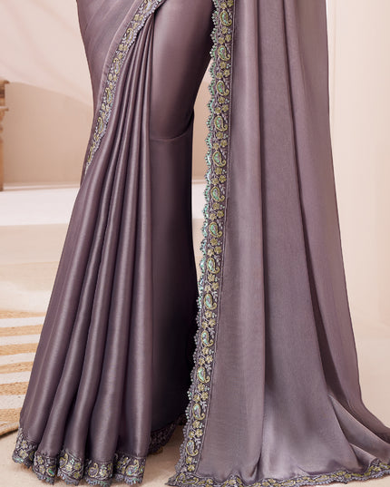 Magnetic Dusty Grey Satin Silk Embroidered Wedding Saree