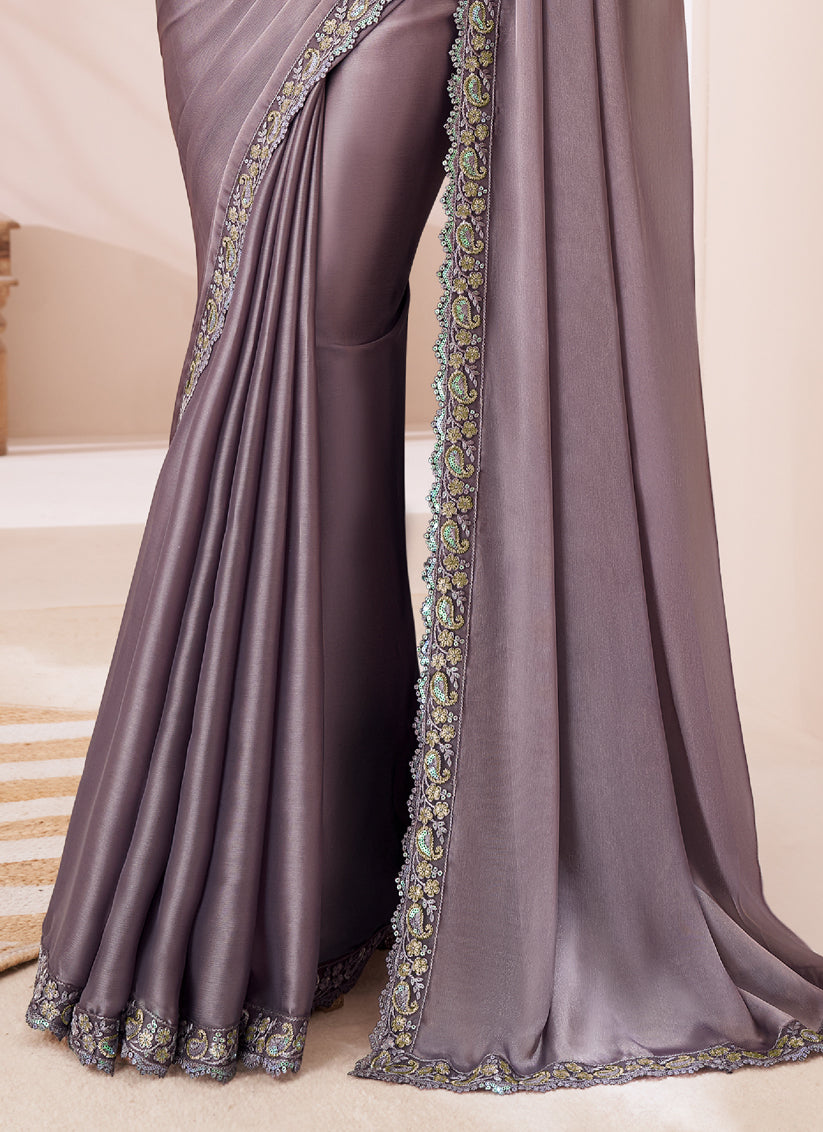 Magnetic Dusty Grey Satin Silk Embroidered Wedding Saree
