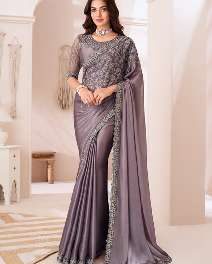 Magnetic Dusty Grey Satin Silk Embroidered Wedding Saree
