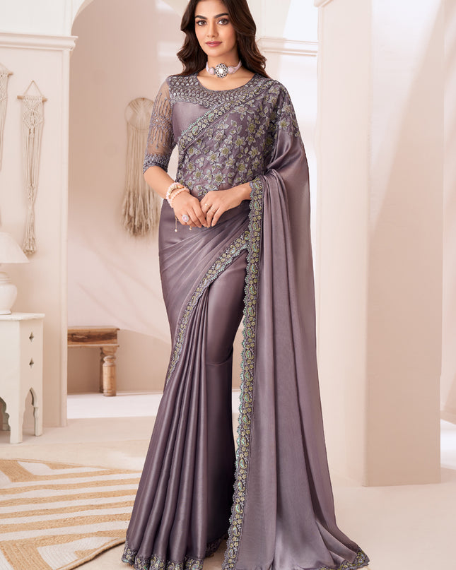 Magnetic Dusty Grey Satin Silk Embroidered Wedding Saree