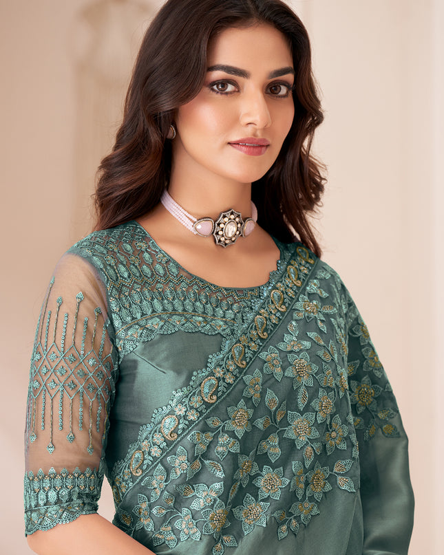 Lovely Teal Grey Satin Silk Embroidered Wedding Saree