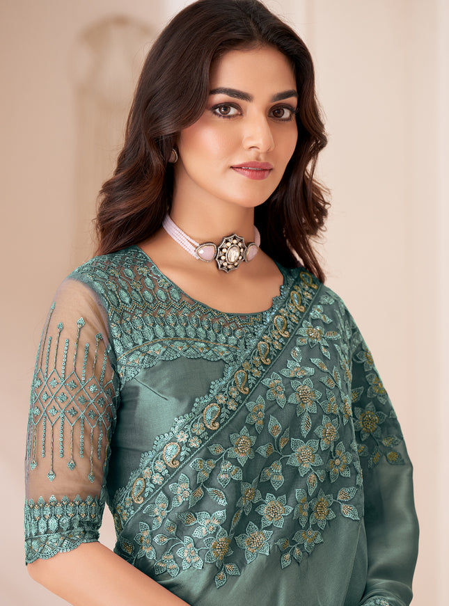 Lovely Teal Grey Satin Silk Embroidered Wedding Saree