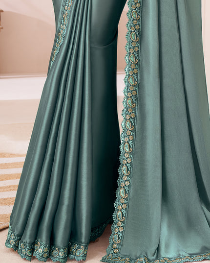 Lovely Teal Grey Satin Silk Embroidered Wedding Saree