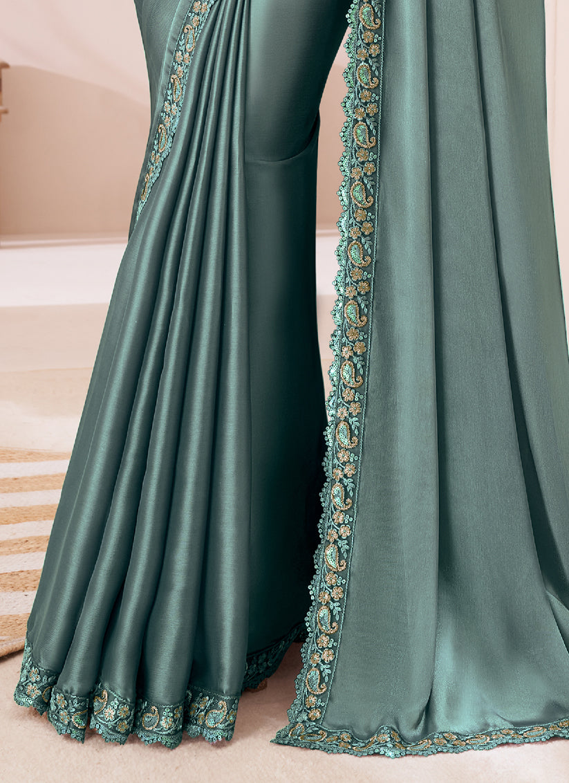 Lovely Teal Grey Satin Silk Embroidered Wedding Saree