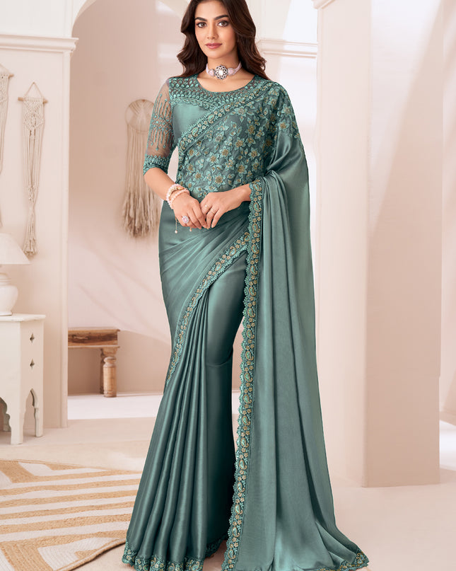 Lovely Teal Grey Satin Silk Embroidered Wedding Saree