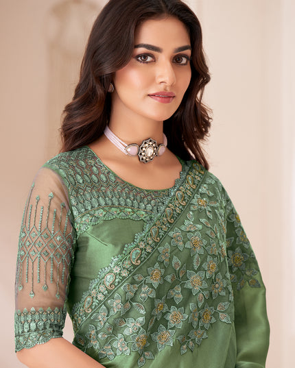 Awesome Sage Green Satin Silk Embroidered Wedding Saree